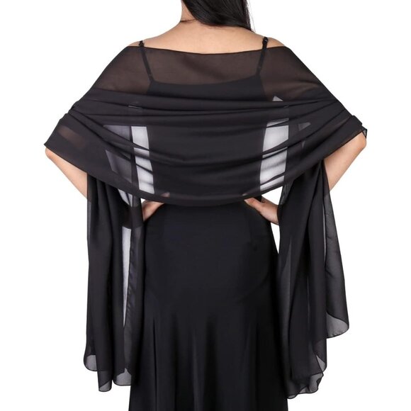 Women Black Elegant Soft Sheer Chiffon Stole Bride Wedding Shawls and Wraps - Picture 1 of 7